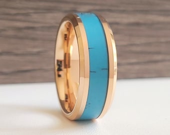 Rose Gold Turquoise Tungsten Ring for Women Men, Turquoise Wedding Band, Turquoise Ring, Rose Gold Tungsten Wedding Band, Anniversary Gift