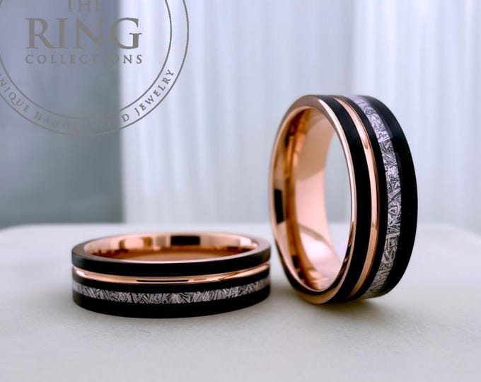 Meteorite Inlay Tungsten Ring: Men Women Rose Gold Wedding Band, Black Brushed Comfort Fit