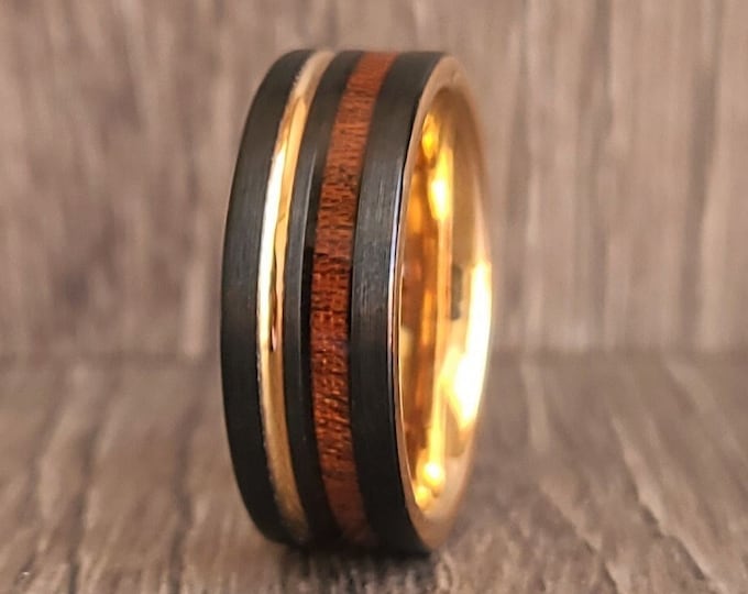 Rose Gold and Black Tungsten Ring for Men Women, Black Wedding Band with Wood Inlay and Rose Gold Groove, 6MM 8MM, Black Wood Ring Band Men