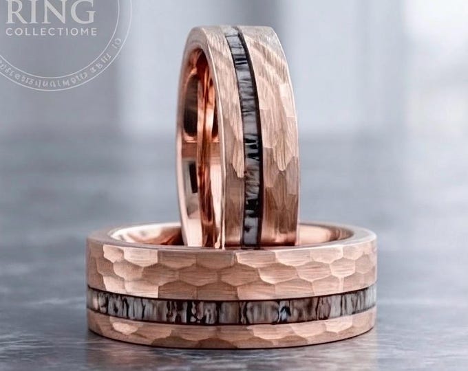 Hammered Rose Gold Women Men Wedding Bands Deer Antler Tungsten Ring Set