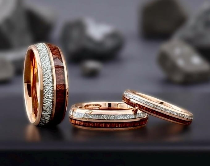 Wood and Meteorite Wedding Band Men Women Rose Gold Tungsten Ring
