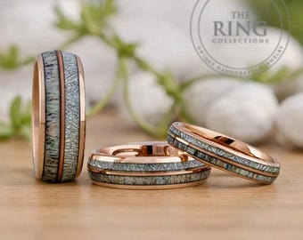 Meteorite Deer Antler Rose Gold Wedding Band Men Women, Rose Gold Tungsten Ring, Couples Ring