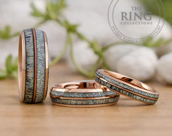 Meteorite Deer Antler Rose Gold Wedding Band Men Women, Rose Gold Tungsten Ring, Couples Ring
