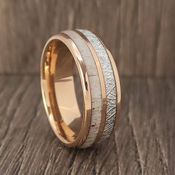 Rose Gold herten gewei meteoriet trouwring, wolfraam gewei ring voor mannen vrouwen, meteoriet en herten gewei inlay, herten gewei wolfraam ring