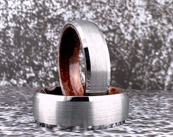 Silver Tungsten Ring Wood Inside Men Women, Gray Tungsten Wedding Band with Rosewood, Silver Ring Band Wood Inside, 4MM 6MM 8MM, Half Sizes