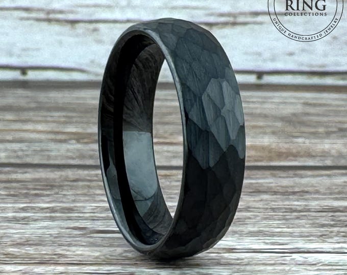 Hammered Black Tungsten Ring Beaten Men Women Wedding Band Women Ring Set 8MM 6MM 4MM Black Faceted Ring Size 4 to 15 Anniversary Gift