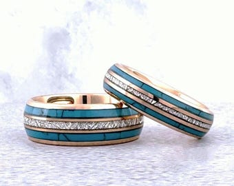 Rose Gold Turquoise and Meteorite Tungsten Ring Wedding Band for Men Woman. 8mm and/or 6mm in Sizes 5 to 15, half sizes available