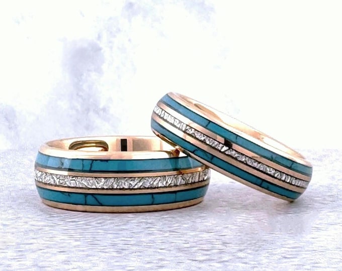 Rose Gold Turquoise and Meteorite Tungsten Ring Wedding Band for Men Woman. 8mm and/or 6mm in Sizes 5 to 15, half sizes available