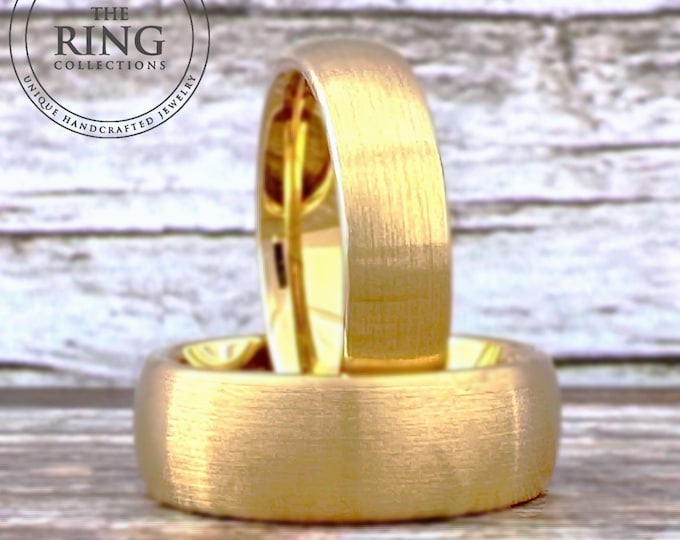 Gold Wedding Band Men Women Tungsten Ring Band Domed Brushed Gold Finish His and Hers Anniversary Gift 4mm 6mm 8mm