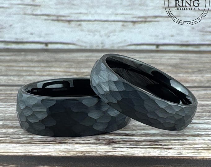 Black Hammered Tungsten Ring for Men Women, Black Obsidian Wedding Band Ring, Black Ring, Black Ring Band for Men, 8MM 6MM 4MM, Half Sizes