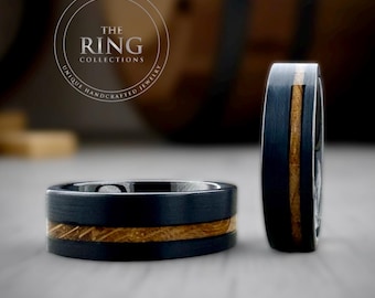 Black Tungsten Ring with Whiskey Barrel Wood Inlay Men Women Wedding Band Unique Male Engagement Ring 8mm 6mm
