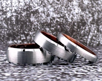 8MM 6MM 4MM Silver Tungsten Ring with Wood Inside Men Women, Gray Tungsten Wedding Band, Silver Ring with Wood Inside, Half Sizes Available