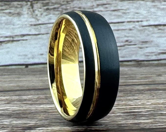 Black Tungsten Carbide Ring Wedding Band with Gold Groove and Inside for Men or Women, Domed and Matte Brushed Surface, Half Sizes Available