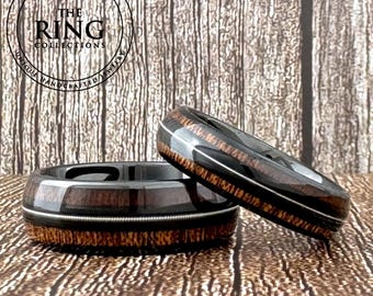 Black Tungsten Ring, Guitar String and Wood Inlay, Black Wedding Band Guitar String Wood Men Women, Gift for Him Her, 6mm 8mm, Sizes 4 to 15