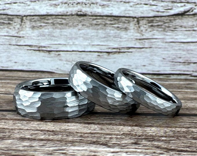 Silver Hammered Tungsten Ring Wedding Band for Men Women, Gray Tungsten Ring, Silver Wedding Band for Men Women, Engagement, 8mm 6mm 4mm