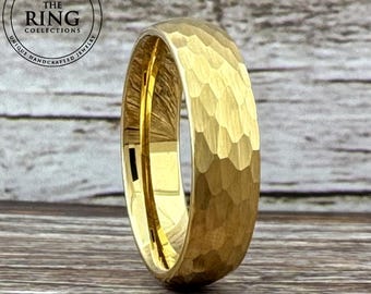 4MM 6MM 8MM Gold Hammered Tungsten Ring for Men Women, Gold Tungsten Band, Gold Wedding Band for Men Women, Engagement Ring, Half Sizes