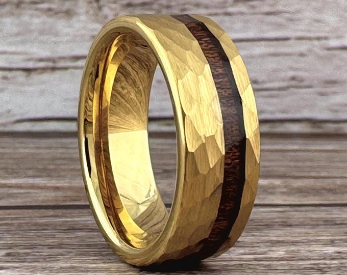 4mm Gold Hammered Tungsten Ring for Men Women, Thin Gold Tungsten Ring with Koa Wood, Wedding Band Men Women, Anniversary Gift Him Her Wife
