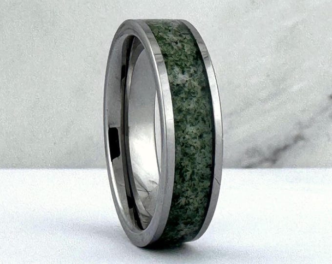Moss Agate Tungsten Ring Wedding Band for Men Women, Silver Wedding Band, Green Moss Agate Ring, 6MM Couples Wedding Band, Fathers Day Gift