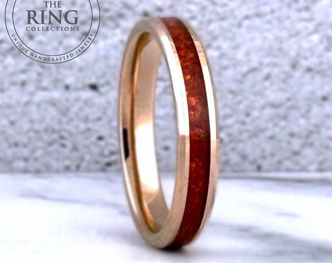 Rose Gold Tungsten Ring Red Opal Inlay Women Wedding Band 4mm Crushed Red Opal Ring Wife Anniversary Gift Personal Engraving Available