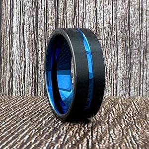 Black Tungsten Ring Wedding Band for Men Women, Black and Blue Tungsten Wedding Band, Black Tungsten Ring Band with Blue Groove and Inside
