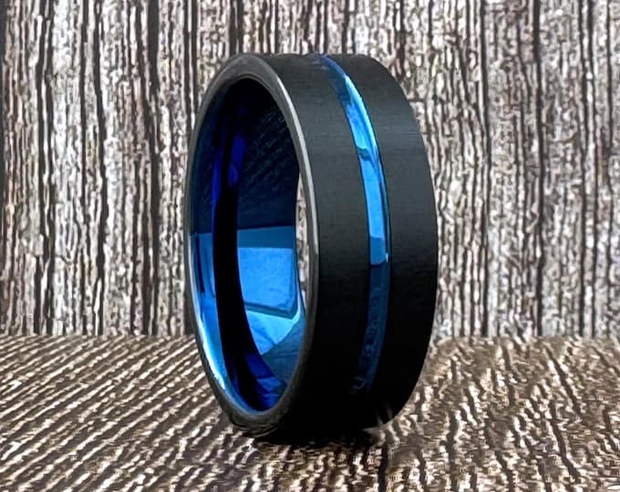 Black Tungsten Ring Wedding Band for Men Women, Black and Blue Tungsten Wedding Band, Black Tungsten Ring Band with Blue Groove and Inside