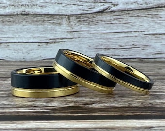 Black and Gold Tungsten Carbide Ring Wedding Band for Men Women, Available in 4MM 6MM 8MM and Half Sizes
