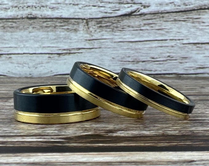 Black and Gold Tungsten Carbide Ring Wedding Band for Men Women, Available in 4MM 6MM 8MM and Half Sizes