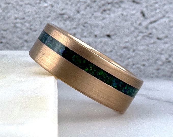 8MM Rose Gold Tungsten Carbide Ring Wedding Band with Green Opal for Men and Women, Perfect Gift for Him and Her on Anniversary and Birthday
