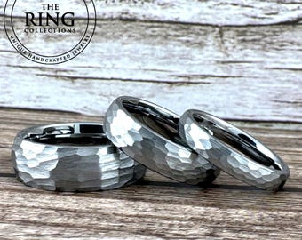 8MM 6MM 4MM Silver Hammered Tungsten Ring Wedding Band for Men Women, Gray Tungsten Ring, Silver Wedding Band for Men Women, Engagement