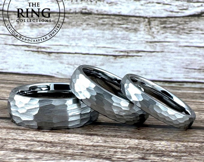 8MM 6MM 4MM Silver Hammered Tungsten Ring Wedding Band for Men Women, Gray Tungsten Ring, Silver Wedding Band for Men Women, Engagement