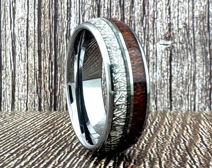 8mm 6mm Silver Meteorite and Wood Tungsten Ring Wedding Band for Men Women, Silver Wedding Band, Wood Ring, Meteorite Ring, Anniversary Gift