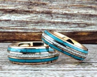 Rose Gold Turquoise and Meteorite Tungsten Ring Wedding Band for Men Woman. 8mm and/or 6mm in Sizes 5 to 15, half sizes available