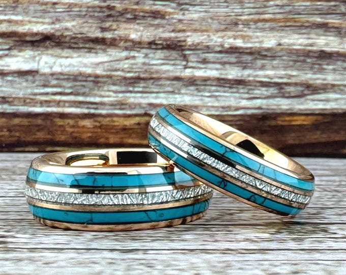 Rose Gold Turquoise and Meteorite Tungsten Ring Wedding Band for Men Woman. 8mm and/or 6mm in Sizes 5 to 15, half sizes available