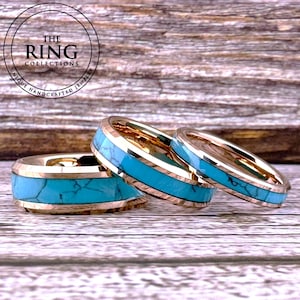 Durable Rose Gold Turquoise Tungsten Ring, Turquoise Wedding Band for Men Women, 4MM 6MM 8MM, Anniversary Gift for Wife Couples Ring Set