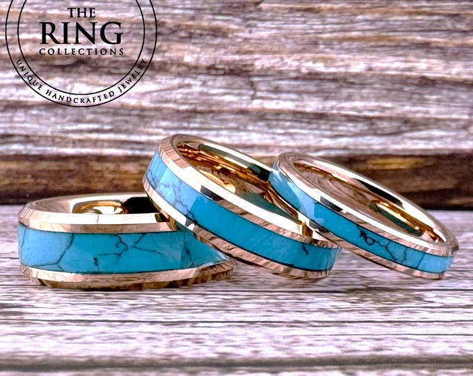 Durable Rose Gold Turquoise Tungsten Ring, Turquoise Wedding Band for Men Women, 4MM 6MM 8MM, Anniversary Gift for Wife Couples Ring Set