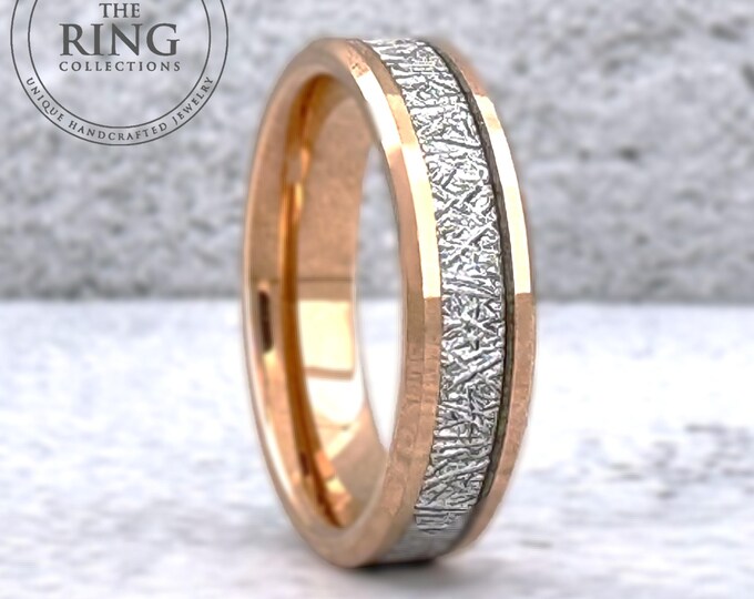 Rose Gold Tungsten Ring Wedding Band with Meteorite, Meteorite Tungsten Ring, Rose Gold Band for Men Women, Rose Gold Ring, Anniversary Gift