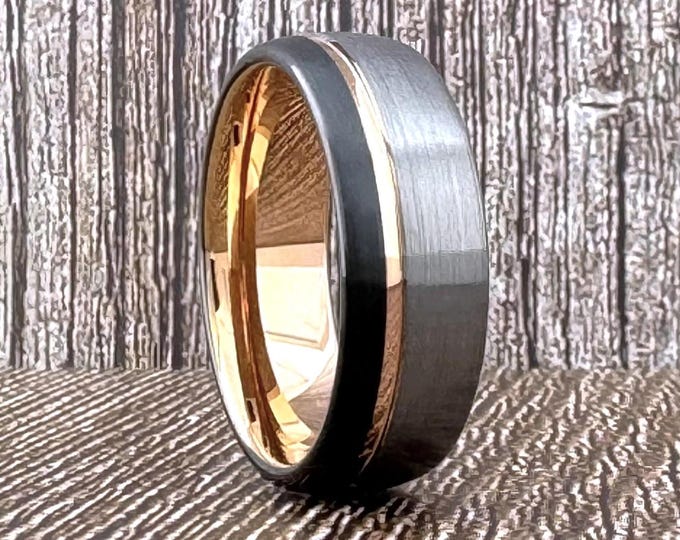 Black Silver Gray and Rose Gold Tungsten Ring Wedding Band for Men Women, Black and Rose Gold Wedding Band Ring Men Women, Anniversary Ring