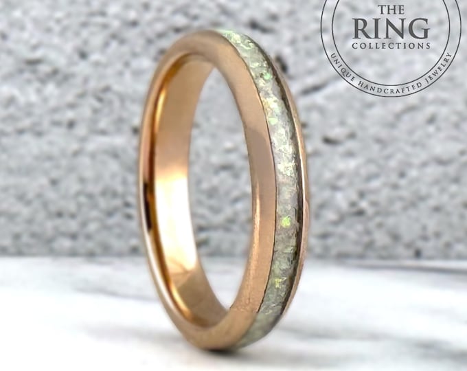 4mm Rose Gold Tungsten Carbide Ring Wedding Band with Crushed White Fire Opal for Woman Men, Unique Anniversary Ring Gift for Her Him