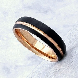 Black Rose Gold Tungsten Wedding Band for Men Women, Black and Rose Gold Ring Band with Rose Gold Groove and Inside, Brushed Matte Finish