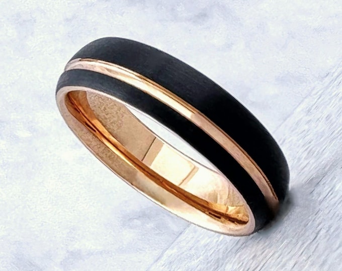 Black Tungsten Carbide Ring Wedding Band with Rose Gold Groove and Inside for Men or Women, Domed Matte Brushed Surface, Half Size Available