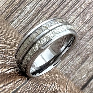 Zilveren hertengewei meteorietring trouwring voor mannen vrouwen, 8 mm, hertengeweiring, meteorietring, grijze wolfraamring, herentrouwring