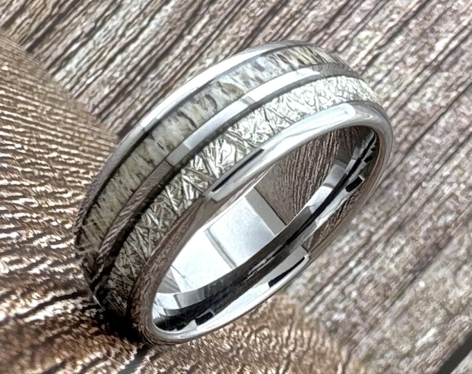 Silver Deer Antler Meteorite Ring Wedding Band for Men Women, 8MM, Deer Antler Ring, Meteorite Ring, Gray Tungsten Ring, Mens Wedding Band