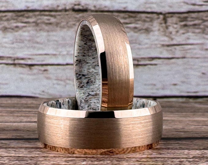 Black Tungsten Ring Wedding Band with Deer Antler Interior for Men and Women. Half Sizes available 4 to 15 in 6mm and 8mm.