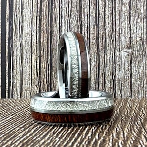 Silver Tungsten Ring with Wood and Meteorite for Men Women, Silver and Wood Wedding Band, Meteorite Ring, Anniversary Gift, Engagement Ring