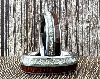 Silver Tungsten Ring with Wood and Meteorite for Men Women, Silver and Wood Wedding Band, Meteorite Ring, Anniversary Gift, Engagement Ring