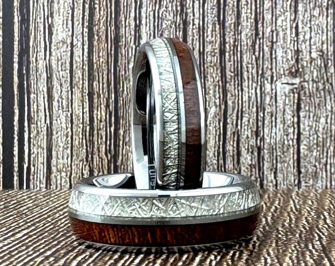 Silver Tungsten Ring with Wood and Meteorite for Men Women, Silver and Wood Wedding Band, Meteorite Ring, Anniversary Gift, Engagement Ring
