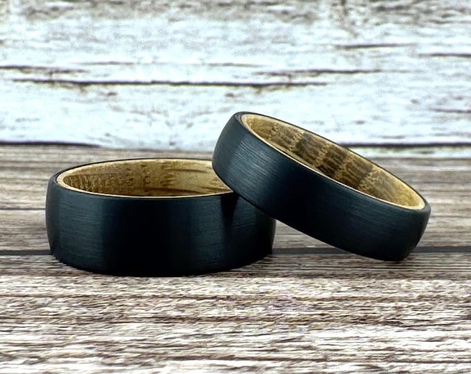 Black Whiskey Barrel Ring Wedding Band for Men Women, Available in 6mm and/or 8mm. Half Sizes Included.