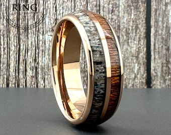 Rose Gold Tungsten Ring Wedding Band with Deer Antler and Koa Wood for Men and Women. Half Sizes available 4 to 15 in 6mm and 8mm.