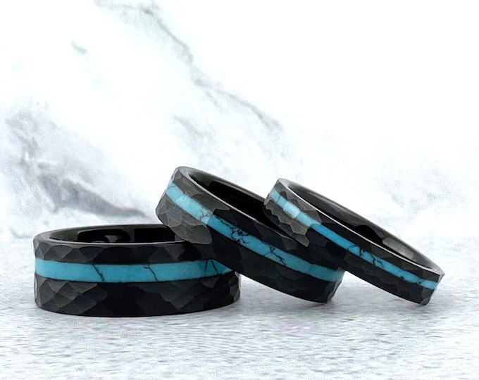 Black Hammered Tungsten Ring with Turquoise Inlay, Black Wedding Band Men Women, Turquoise Ring Wedding Band, 4MM 6MM 8MM, Christmas Gift