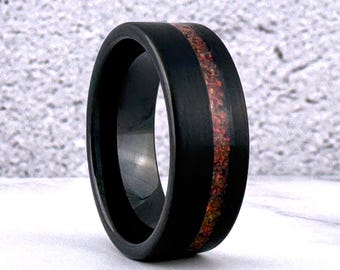8MM Black Tungsten Carbide Ring Wedding Band with Red Opal for Men and Women, Perfect Gift Him and Her on Anniversary, Birthday, Christmas